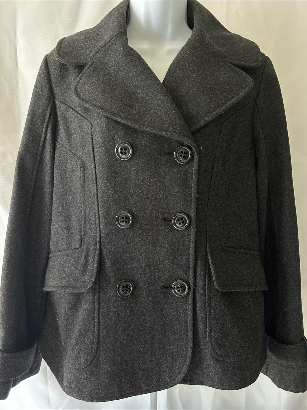 GUESS Women’s Large Dark Gray Double Breasted Wool Blend Classic Designer Coat